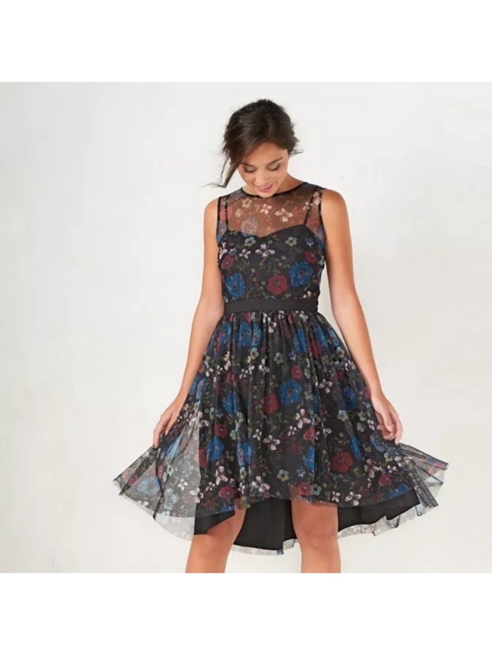 Disney by Lauren Conrad Sheer Floral Midi Dress - Black w/Teal & Burgundy Floral